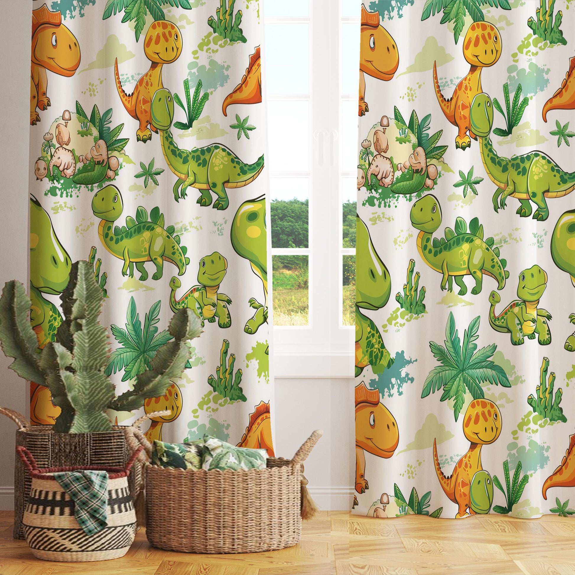 Kids Room Curtains Green Orange Dinosaur Drapes, Custom Size Window Panels & Gift Pillow Covers for Boys&#39; Nursery Decor