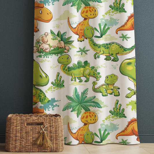 Kids Room Curtains Green Orange Dinosaur Drapes, Custom Size Window Panels & Gift Pillow Covers for Boys&#39; Nursery Decor