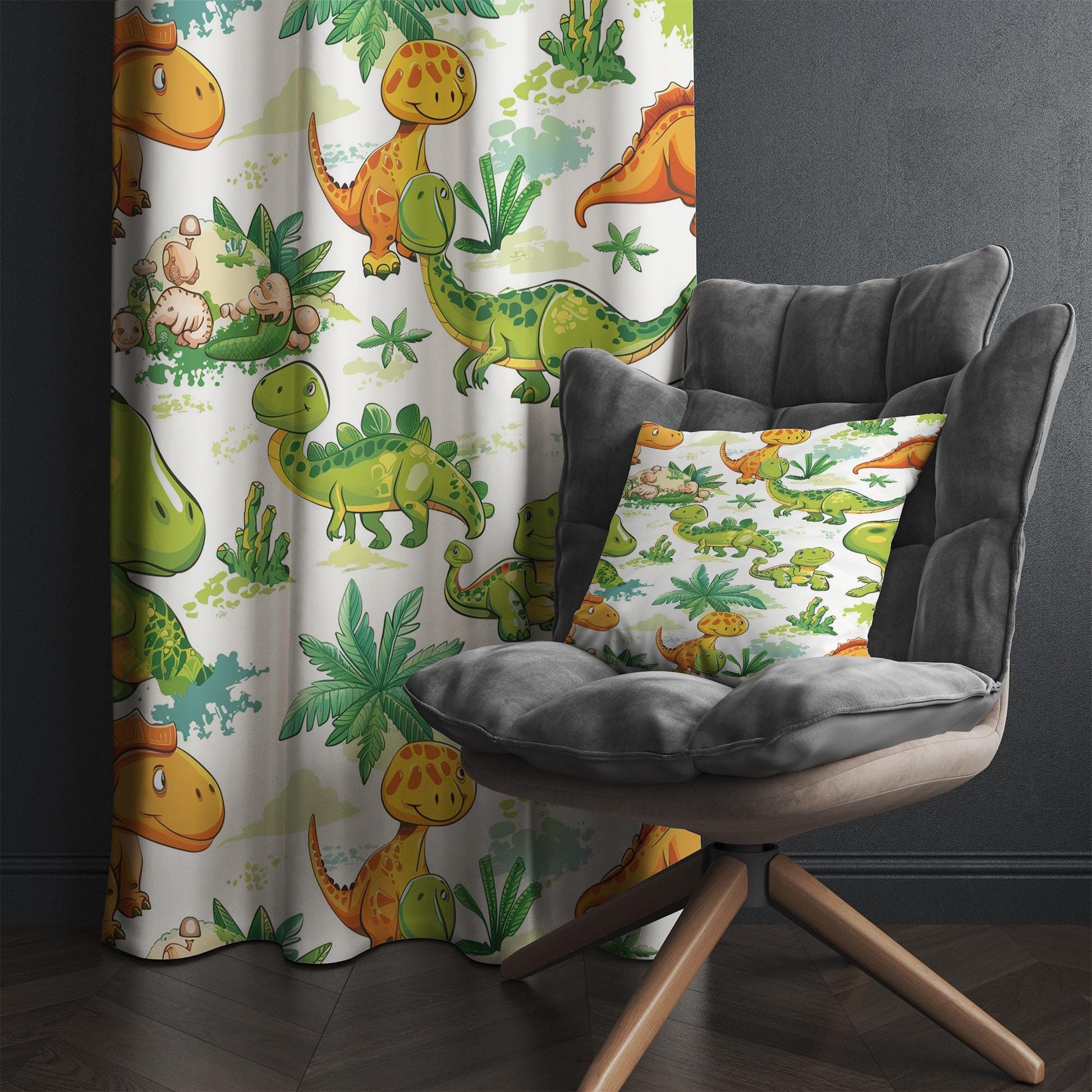 Kids Room Curtains Green Orange Dinosaur Drapes, Custom Size Window Panels & Gift Pillow Covers for Boys&#39; Nursery Decor