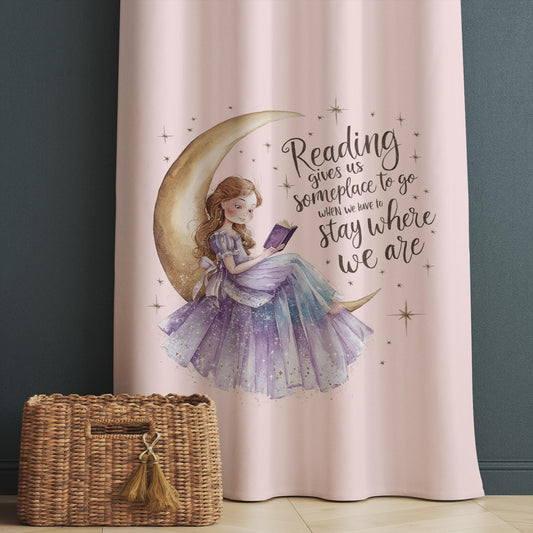Girls Room Curtains Little Cute Princess on Yellow Moons Reading Books Kids Window Drapes Custom Size & Gift Pillow Covers