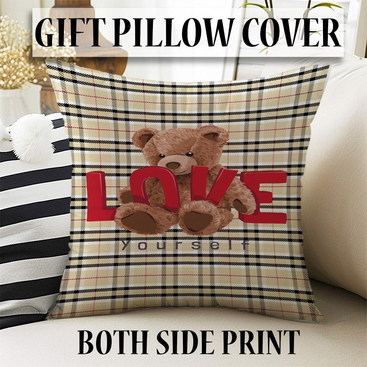 Bear Love Girls Room Curtains - Custom Size Window Drapes & Cute Gift Pillow Covers for Kids Bedroom Decor