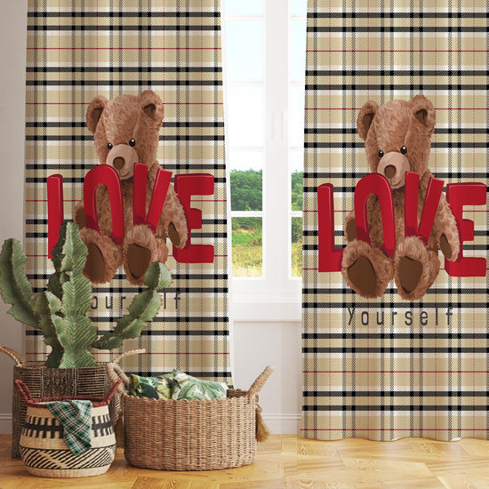 Bear Love Girls Room Curtains - Custom Size Window Drapes & Cute Gift Pillow Covers for Kids Bedroom Decor