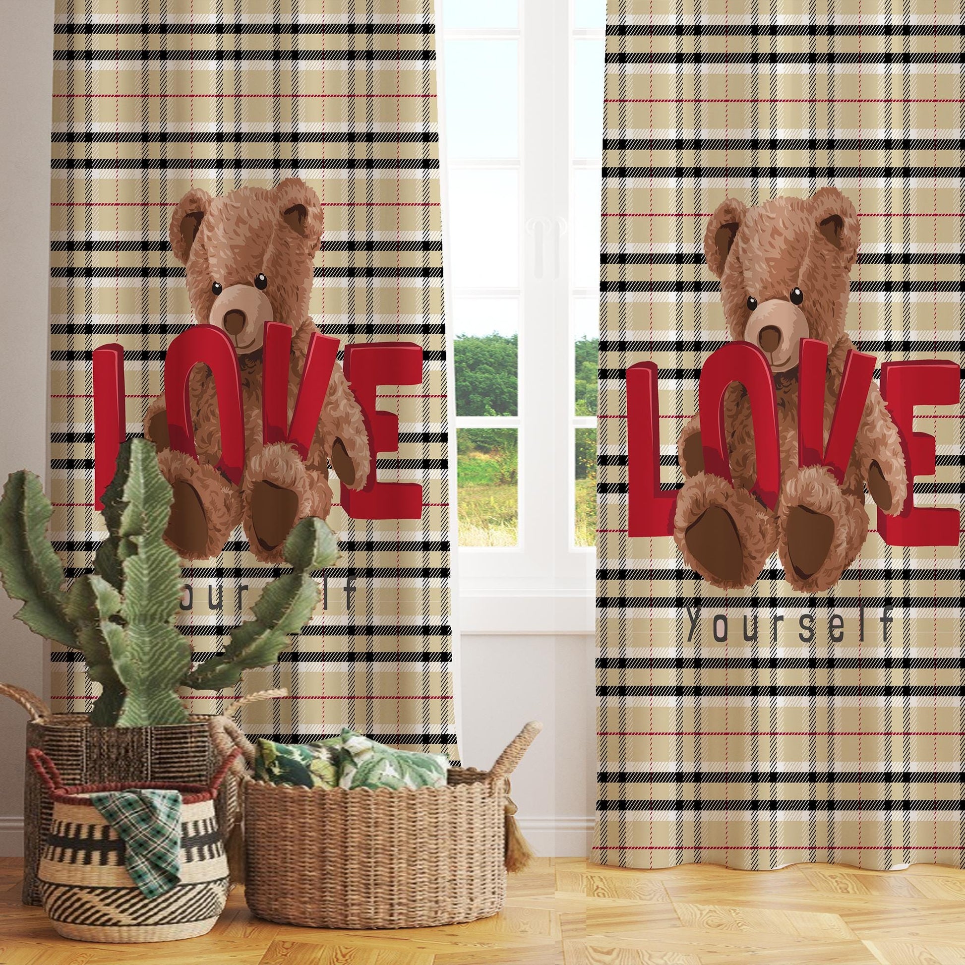 Bear Love Girls Room Curtains - Custom Size Window Drapes & Cute Gift Pillow Covers for Kids Bedroom Decor