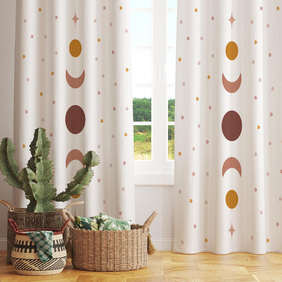 Girls Room Curtains Boho Moon Polka Dots Window Drapes Custom Size with Gift Pillow Covers - Nursery Decor, Kids Bedroom Curtains