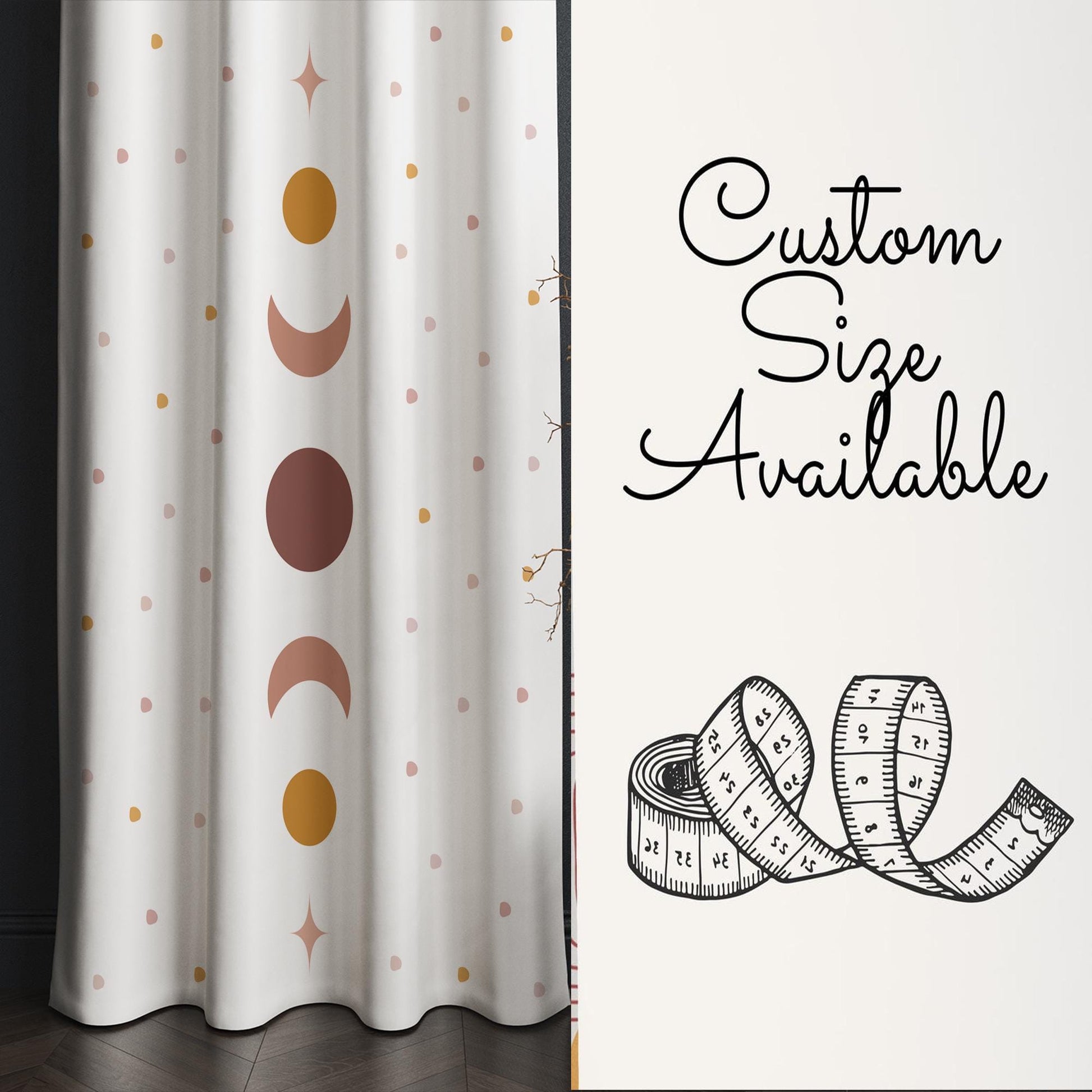 Girls Room Curtains Boho Moon Polka Dots Window Drapes Custom Size with Gift Pillow Covers - Nursery Decor, Kids Bedroom Curtains