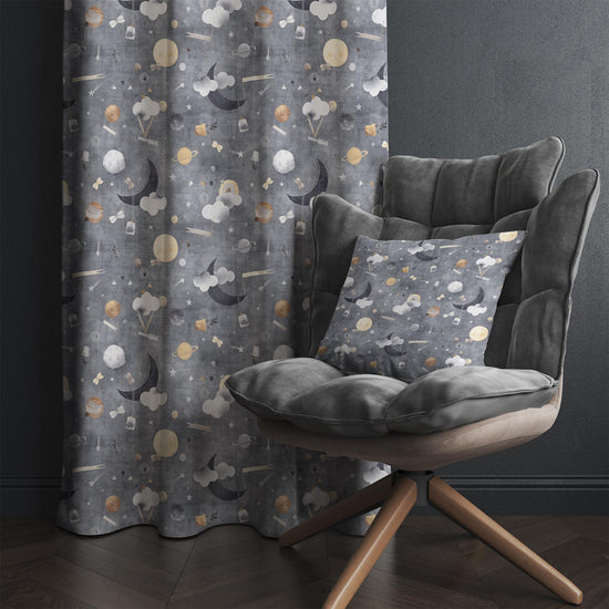 Gray Nordic Moon Clouds Kids Nursery Curtains, Custom Size Window Drapes & Gify Pillow Covers for Baby Room Decor