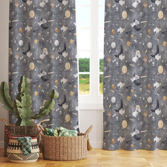 Gray Nordic Moon Clouds Kids Nursery Curtains, Custom Size Window Drapes & Gify Pillow Covers for Baby Room Decor