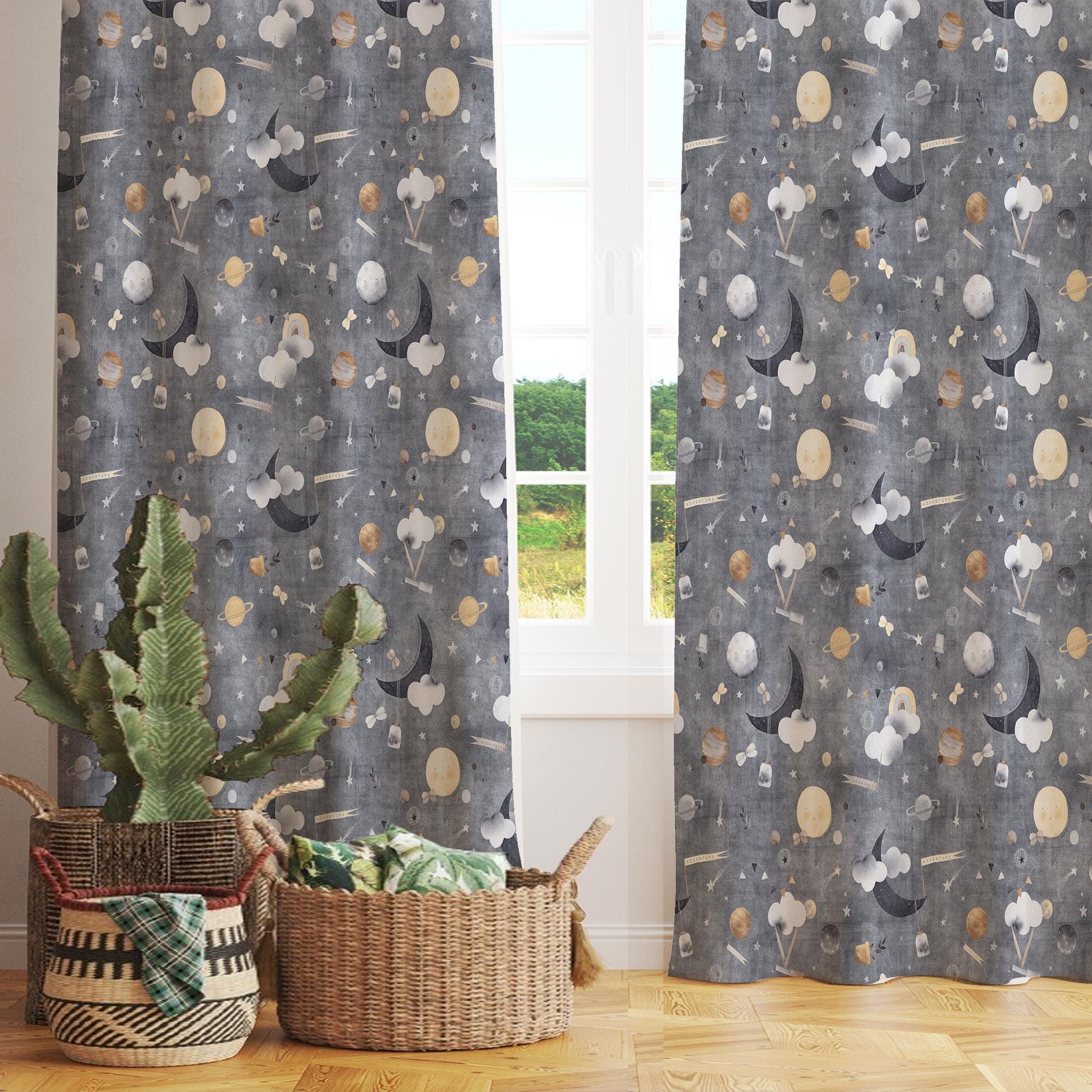 Gray Nordic Moon Clouds Kids Nursery Curtains, Custom Size Window Drapes & Gify Pillow Covers for Baby Room Decor