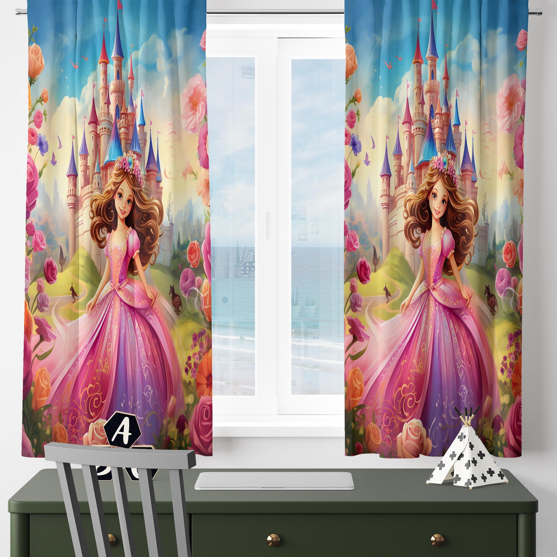 Floral Castle Colorful Princess Kids Nursery Curtains, Custom Size Window Drapes & Gift Pillow Covers for Girls Room Decor