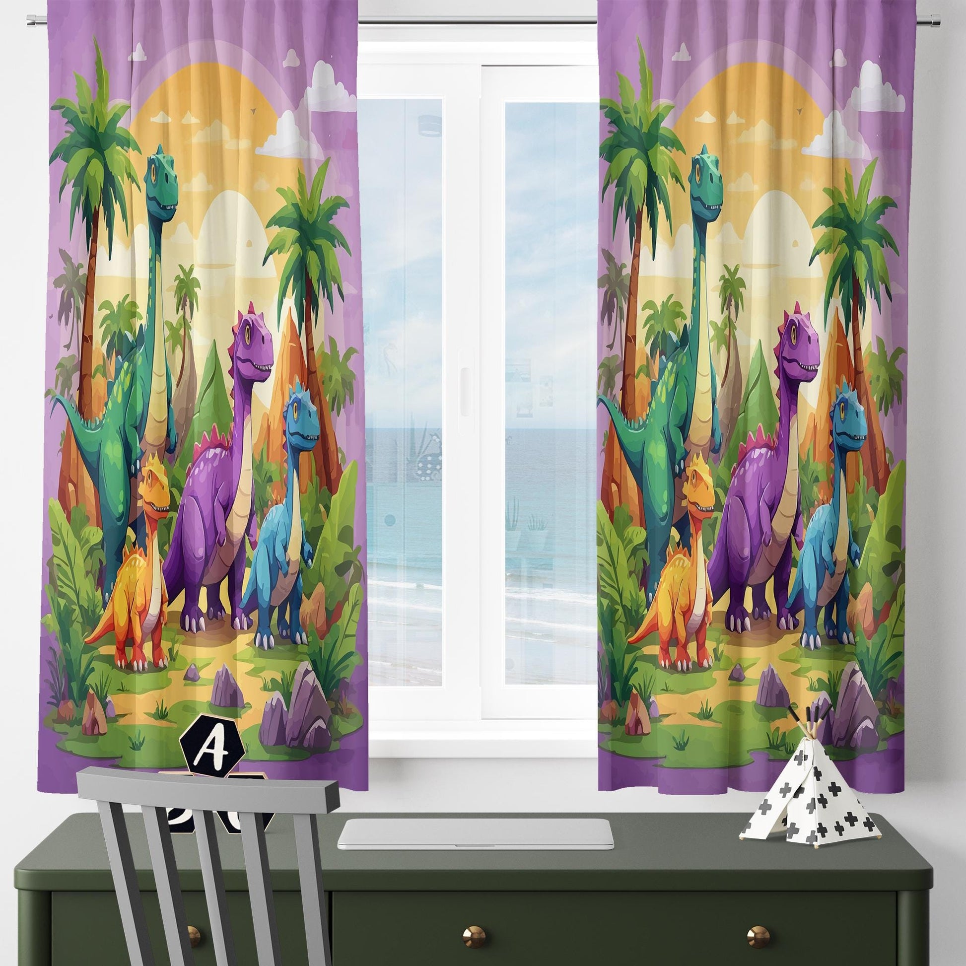 Dinosaur Nursery Curtains for Kids Room, Custom Size Floral Castle Window Drapes & Gift Pillow Covers, Colorful Kids Room Decor
