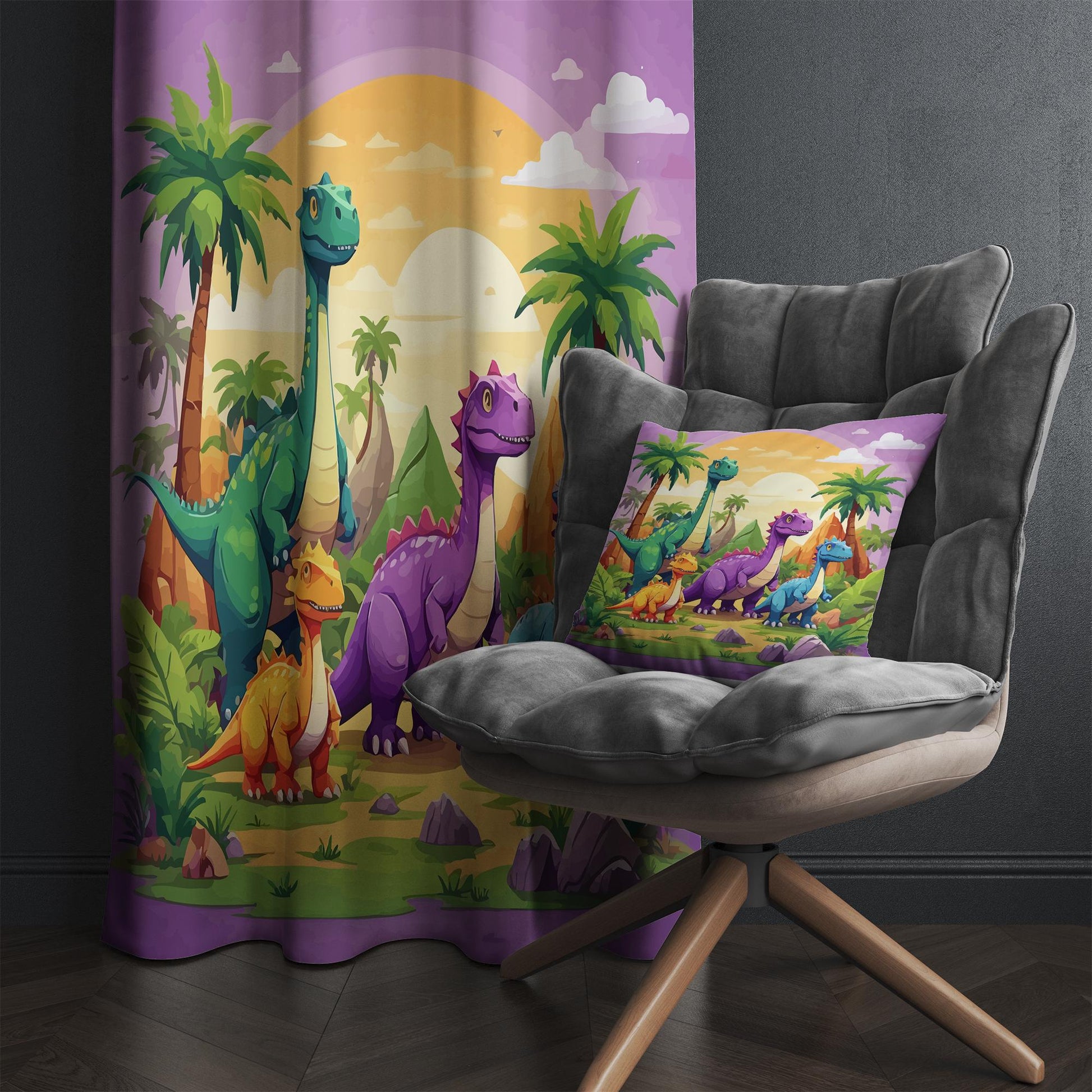 Dinosaur Nursery Curtains for Kids Room, Custom Size Floral Castle Window Drapes & Gift Pillow Covers, Colorful Kids Room Decor