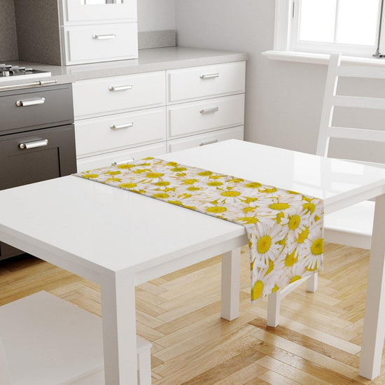 Table Runner White Yellow Daisy Floral Flowers Modern Dining Room Decor Accent Home Decoration