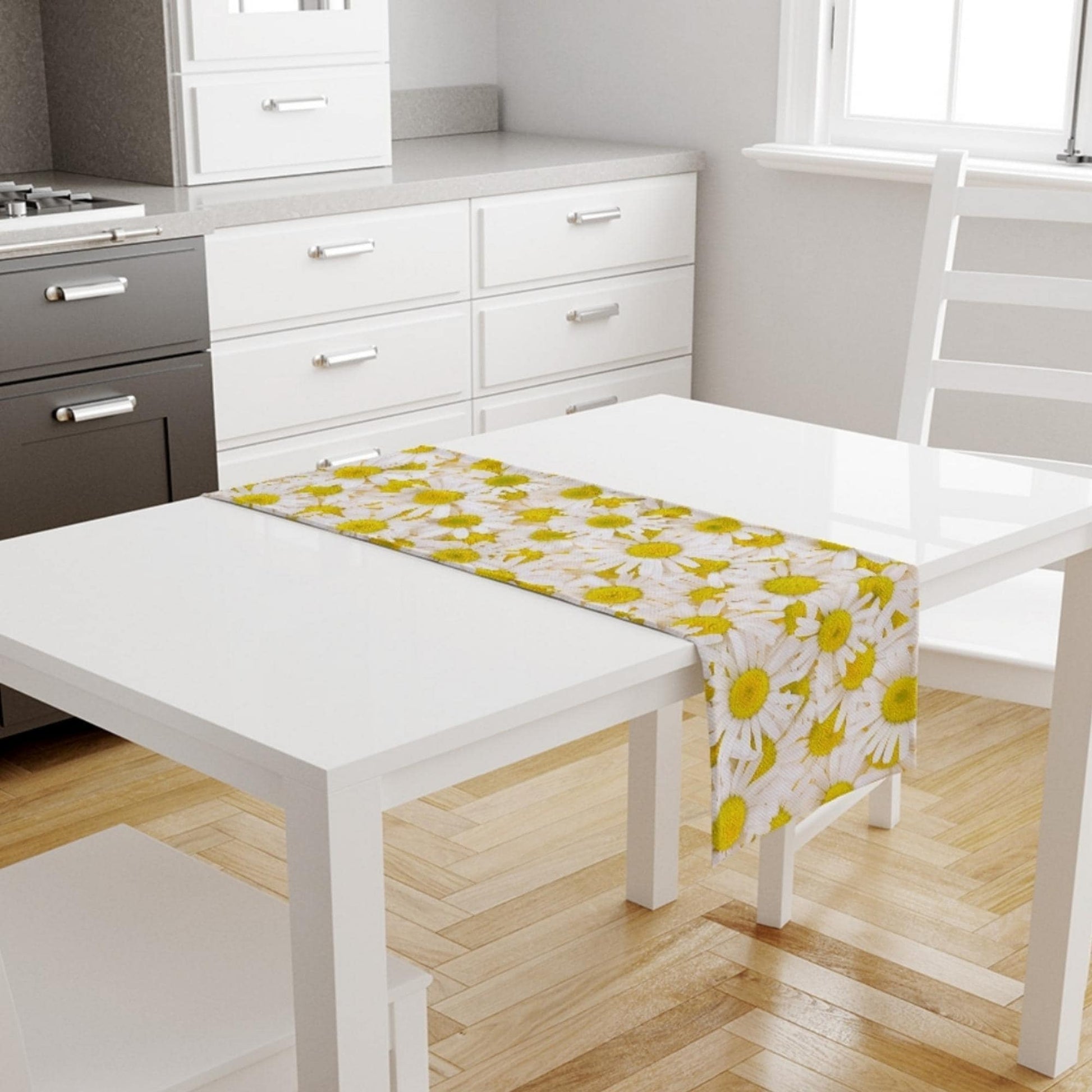Table Runner White Yellow Daisy Floral Flowers Modern Dining Room Decor Accent Home Decoration