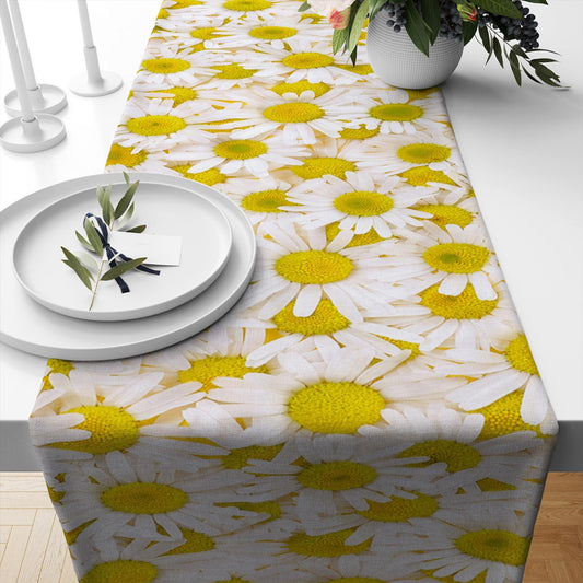 Table Runner White Yellow Daisy Floral Flowers Modern Dining Room Decor Accent Home Decoration
