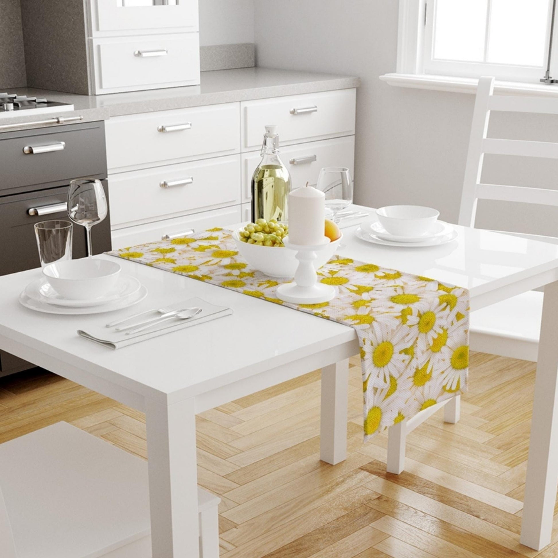 Table Runner White Yellow Daisy Floral Flowers Modern Dining Room Decor Accent Home Decoration