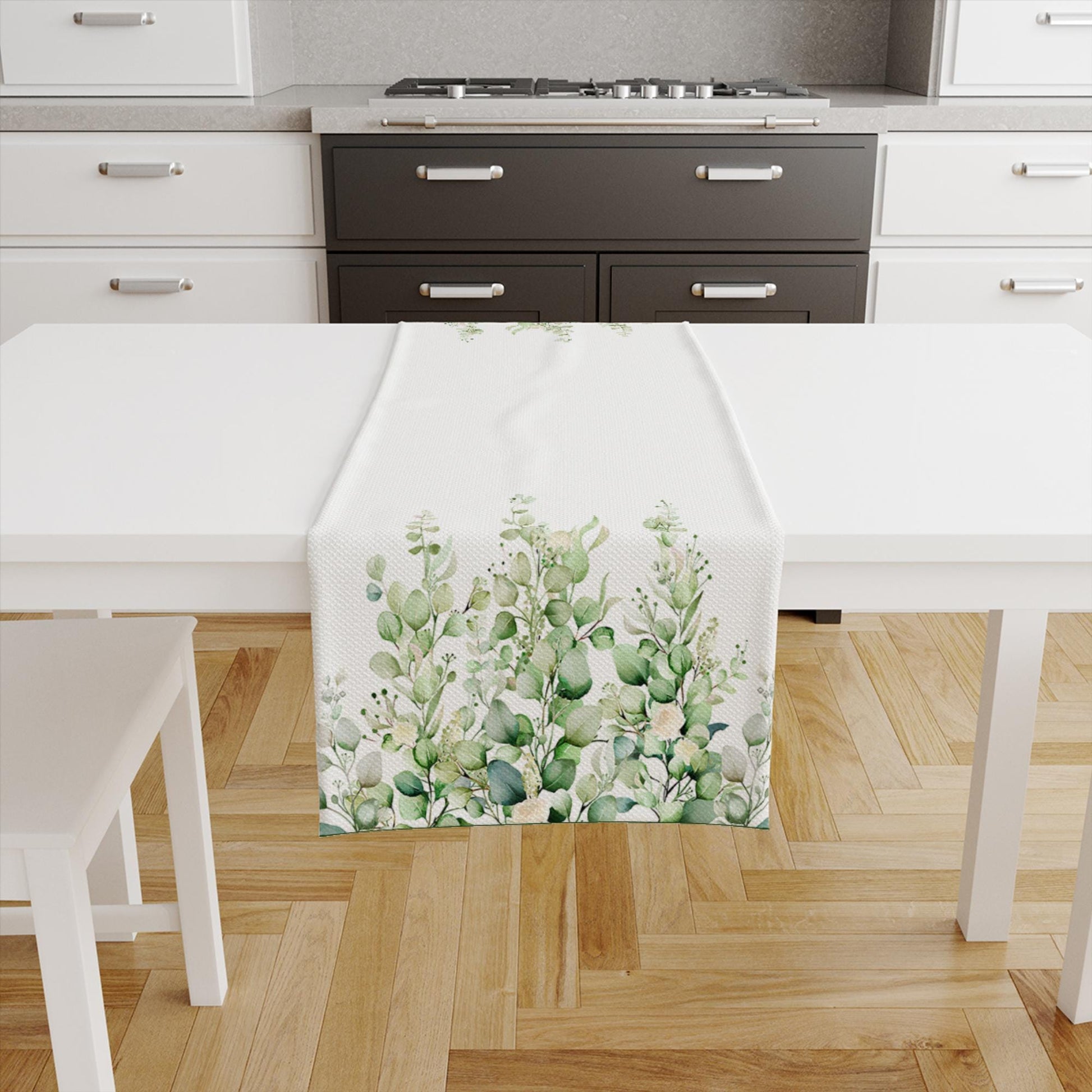 Table Runner Green White Eucalyptus Flowers Floral Botanical Design Modern Dining Room Decor Accent Home Decoration