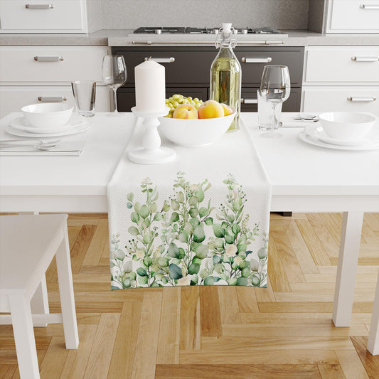 Table Runner Green White Eucalyptus Flowers Floral Botanical Design Modern Dining Room Decor Accent Home Decoration