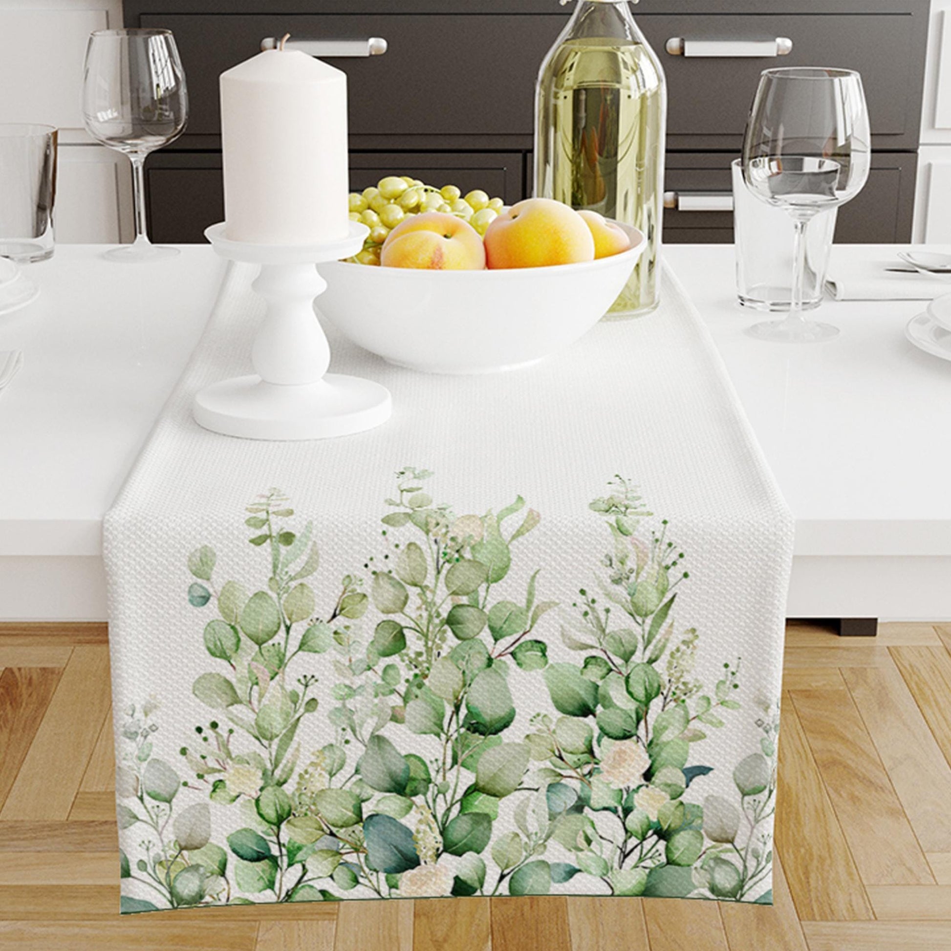 Table Runner Green White Eucalyptus Flowers Floral Botanical Design Modern Dining Room Decor Accent Home Decoration