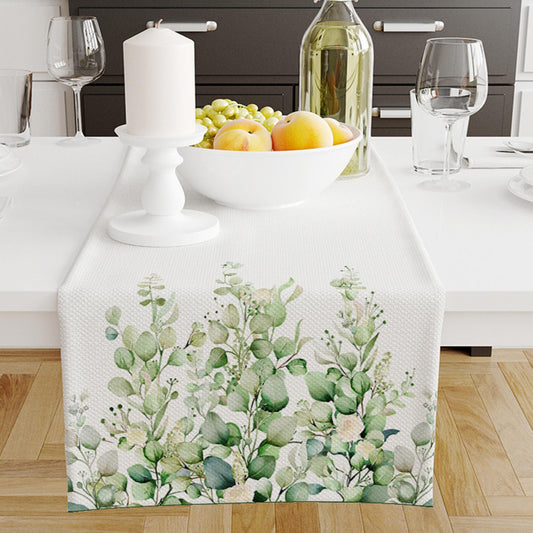 Table Runner Green White Eucalyptus Flowers Floral Botanical Design Modern Dining Room Decor Accent Home Decoration