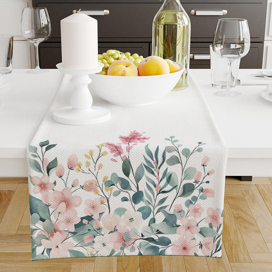Table Runner Pink Flowers Green Leaves Floral Botanical Design Modern Dining Room Decor Accent Home Decoration