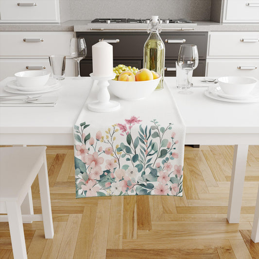 Table Runner Pink Flowers Green Leaves Floral Botanical Design Modern Dining Room Decor Accent Home Decoration