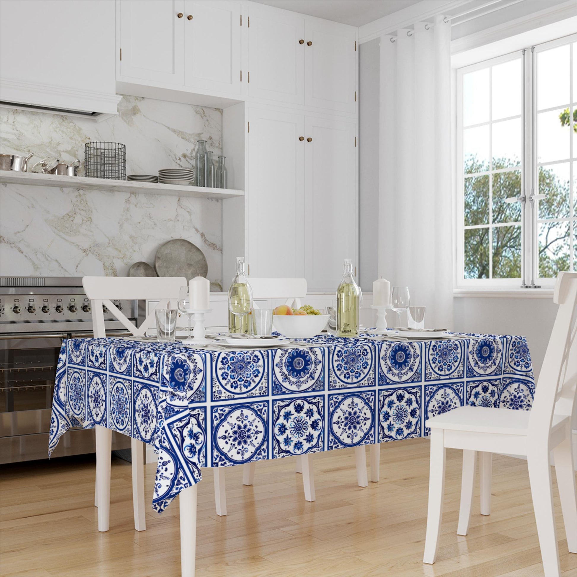Accent Table Cover, Art Deco Table Linen, Authentic Table Sheet, Modern Tablecloth, Blue White Ottoman Turkish Ethnic Patterned Tablecloth