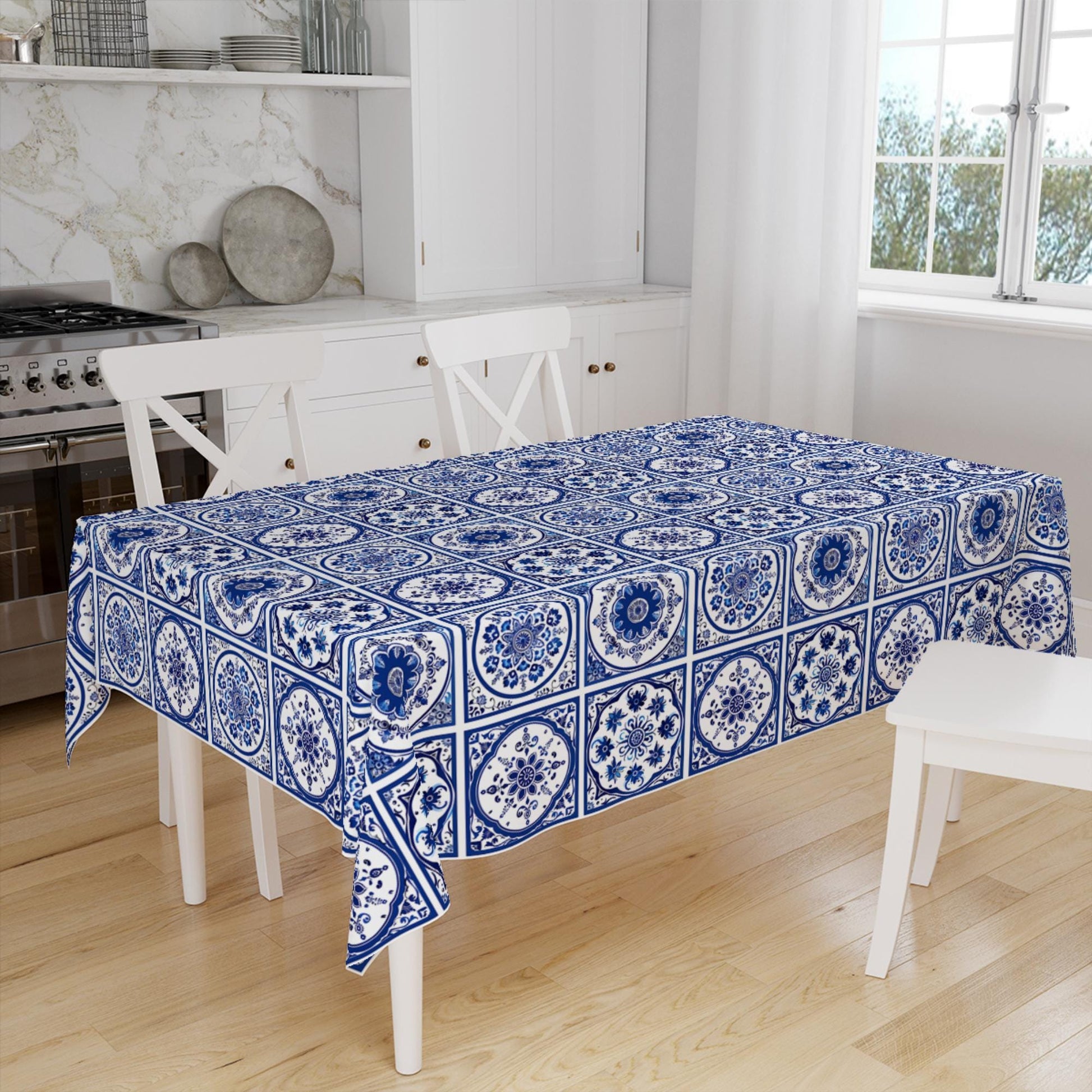 Accent Table Cover, Art Deco Table Linen, Authentic Table Sheet, Modern Tablecloth, Blue White Ottoman Turkish Ethnic Patterned Tablecloth