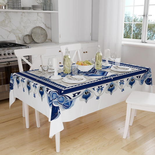 Art Deco Tablecloth Blue White Retro Ottoman Pattern Turkish Ethnic Linen Accent Table Cover Modern Dining Decor