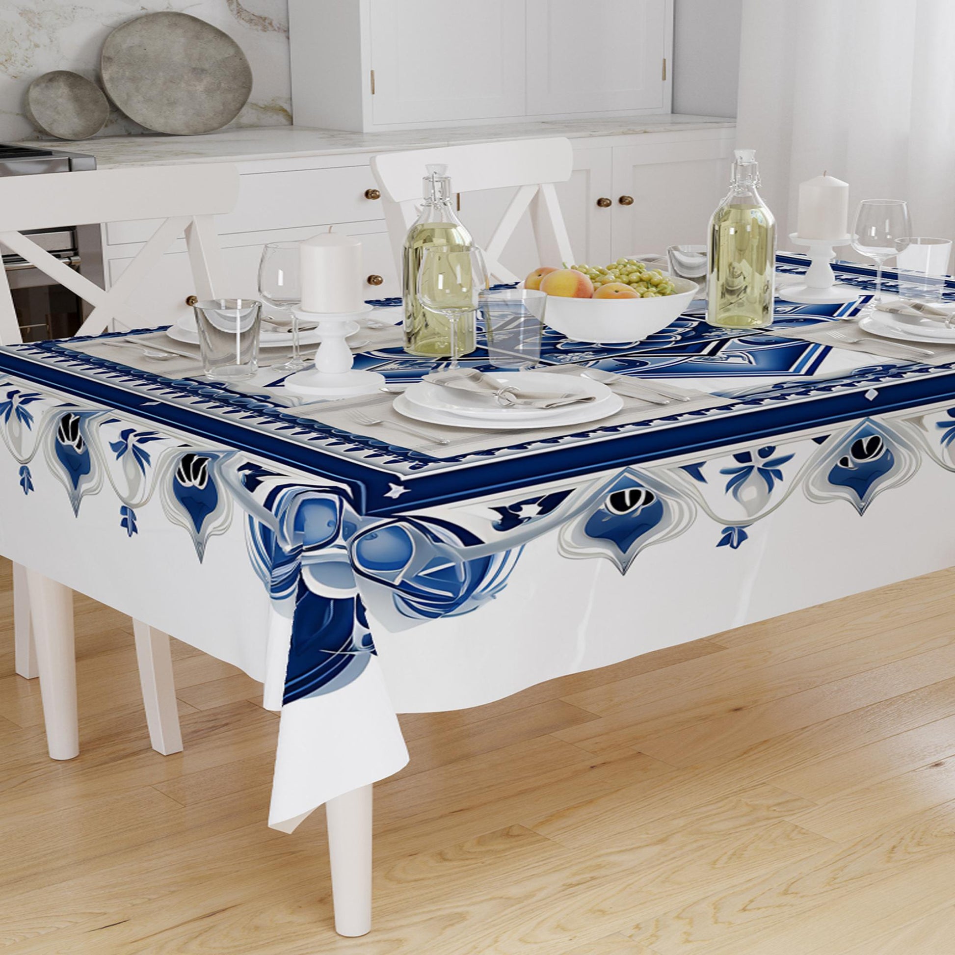 Art Deco Tablecloth Blue White Retro Ottoman Pattern Turkish Ethnic Linen Accent Table Cover Modern Dining Decor