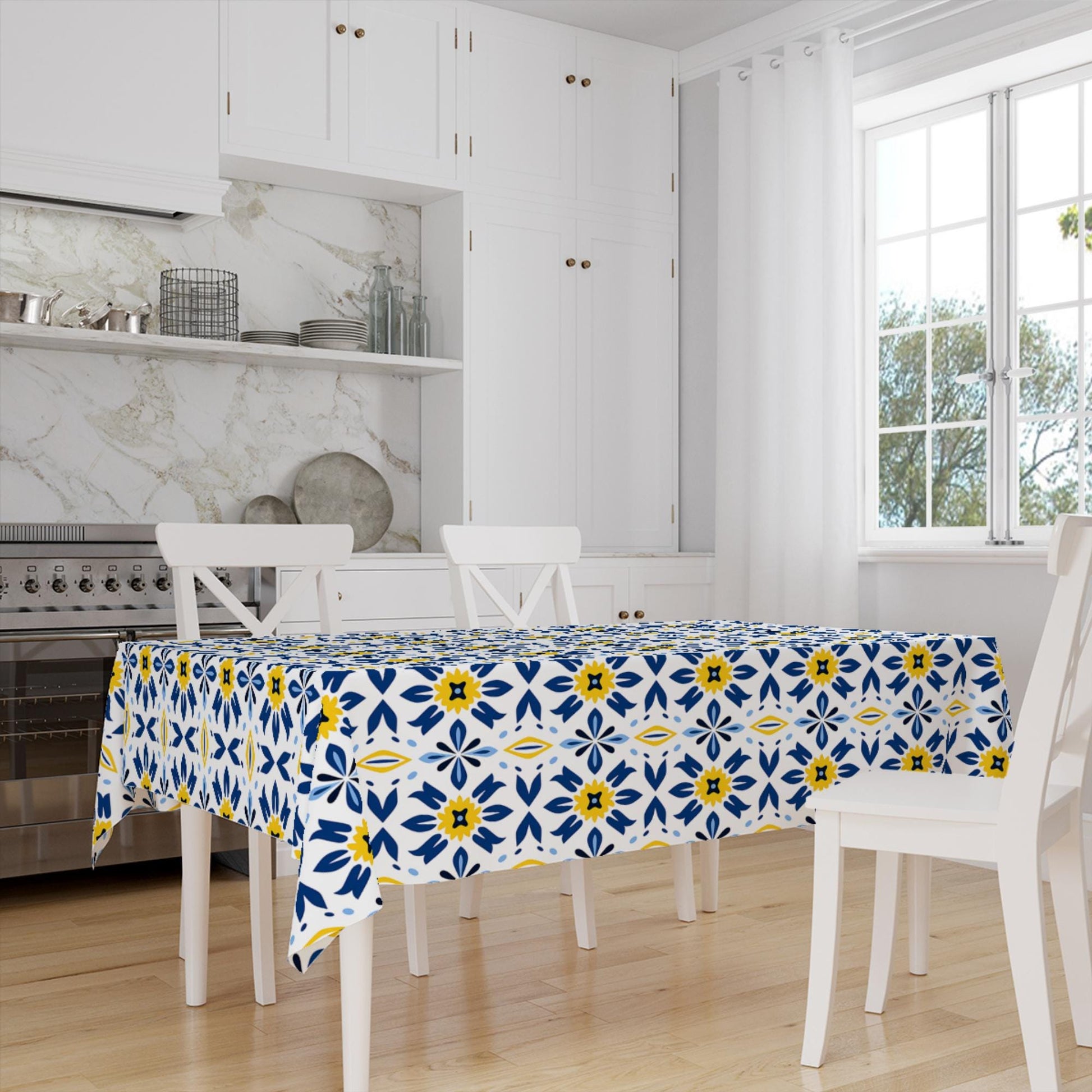 Art Deco Tablecloth Yellow Blue Geometric Retro Ottoman Pattern Turkish Ethnic Linen Accent Table Cover Modern Dining Decor