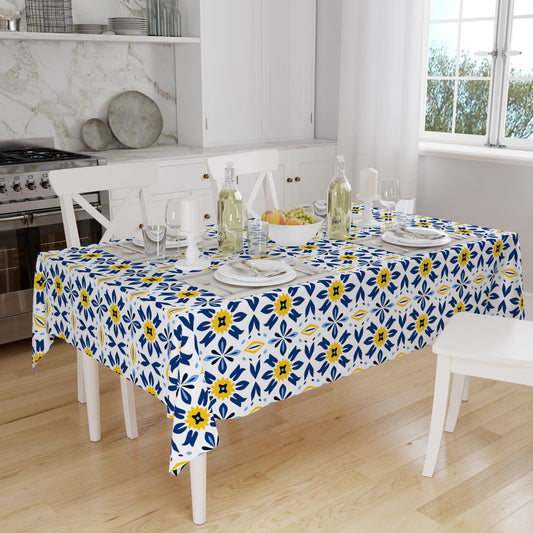 Art Deco Tablecloth Yellow Blue Geometric Retro Ottoman Pattern Turkish Ethnic Linen Accent Table Cover Modern Dining Decor