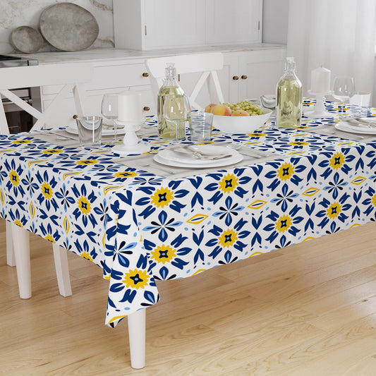 Art Deco Tablecloth Yellow Blue Geometric Retro Ottoman Pattern Turkish Ethnic Linen Accent Table Cover Modern Dining Decor