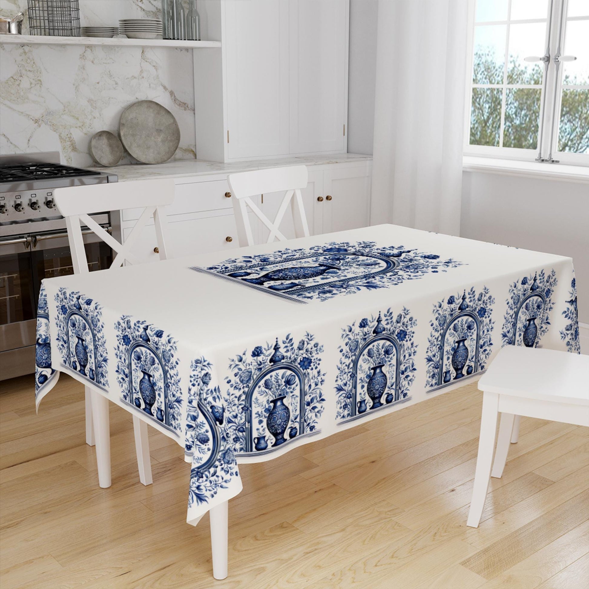 Art Deco Tablecloth Blue Vintage Vase Floral Retro Ottoman Pattern Turkish Ethnic Linen Accent Table Cover Modern Dining Decor