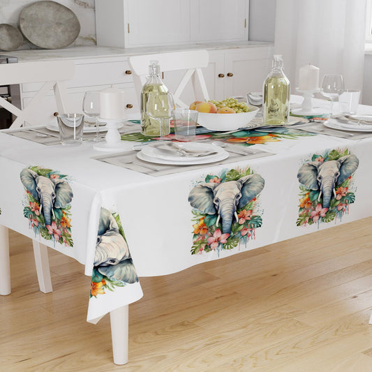 Elephant Animal Colorful Flowers Floral Bohemian Pattern Linen Tablecloth Modern Dining Accent Cover