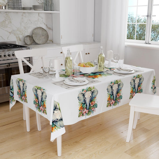 Elephant Animal Colorful Flowers Floral Bohemian Pattern Linen Tablecloth Modern Dining Accent Cover