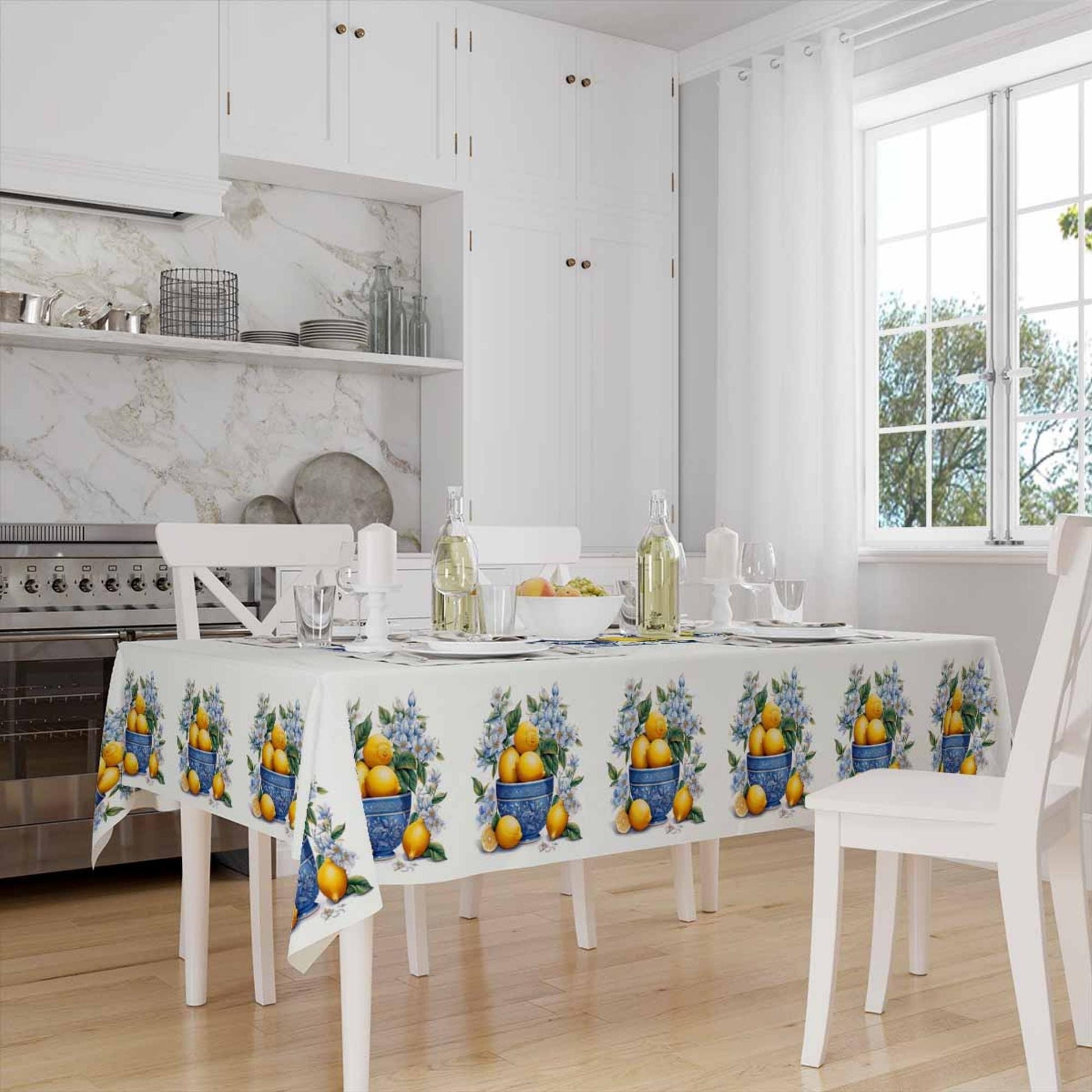 Blue Vase Yellow Lemons Flowers Floral Summer Pattern Linen Tablecloth Modern Dining Accent Cover