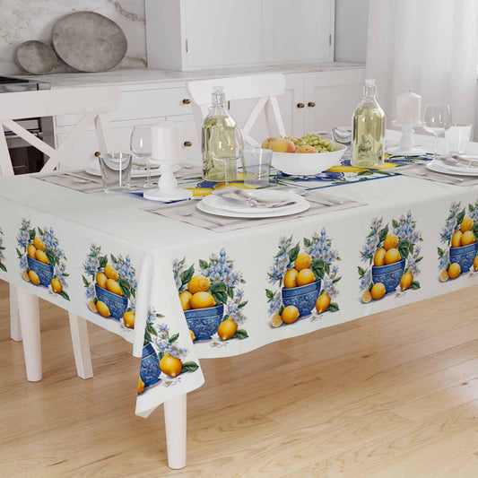 Blue Vase Yellow Lemons Flowers Floral Summer Pattern Linen Tablecloth Modern Dining Accent Cover