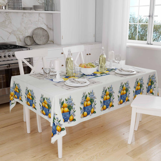 Blue Vase Yellow Lemons Flowers Floral Summer Pattern Linen Tablecloth Modern Dining Accent Cover