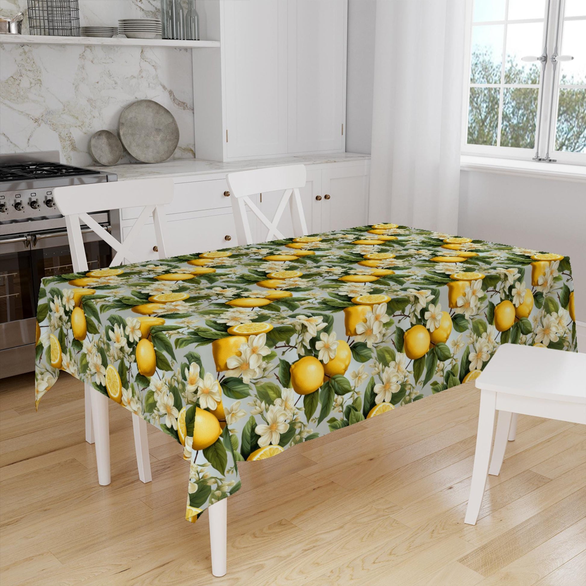 Yellow Lemons Green Leaves Floral Fruits Summer Pattern Linen Tablecloth Modern Dining Accent Cover