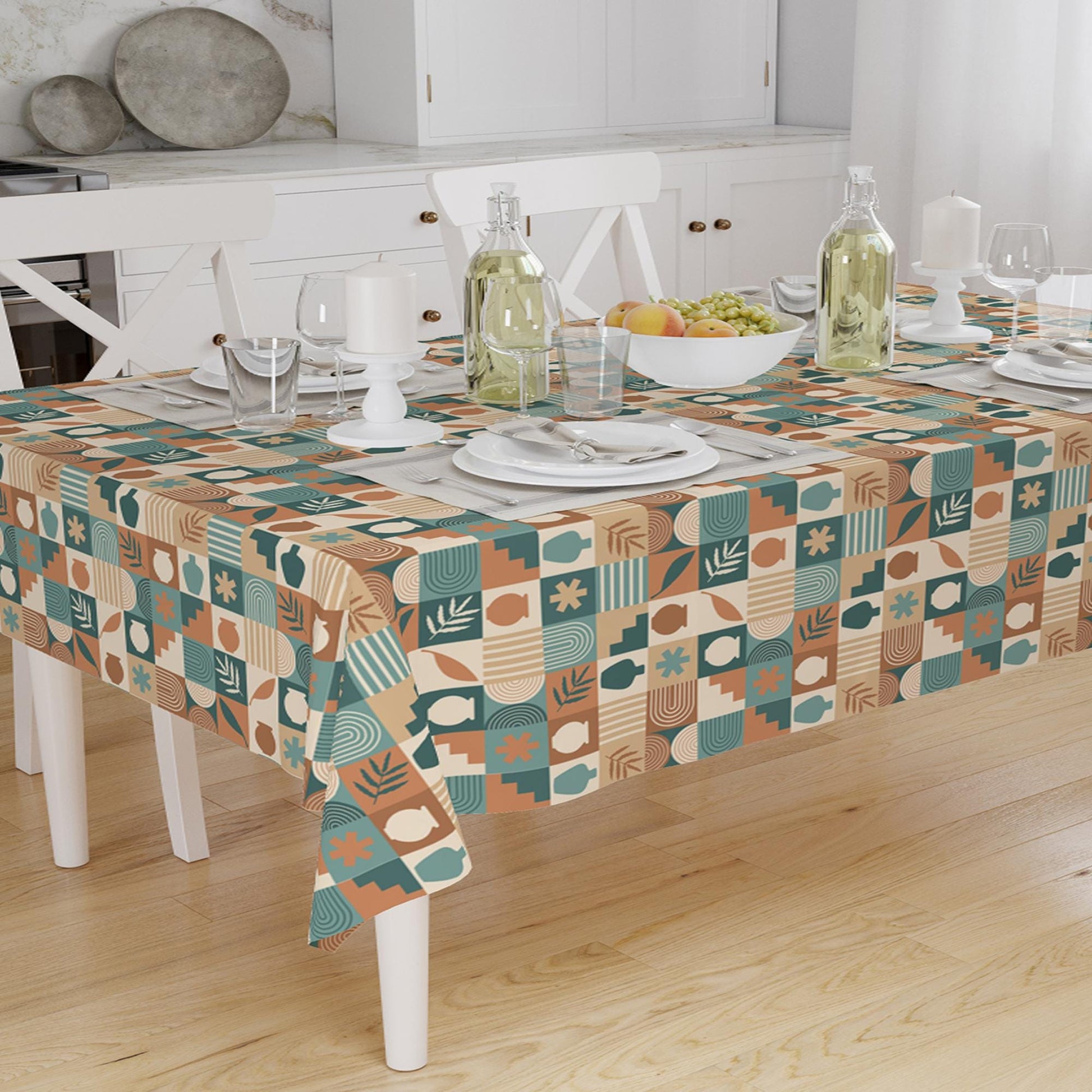 Green Brown Retro Authentic Bohemian Minimal Geometric Pattern Linen Tablecloth Modern Dining Accent Cover
