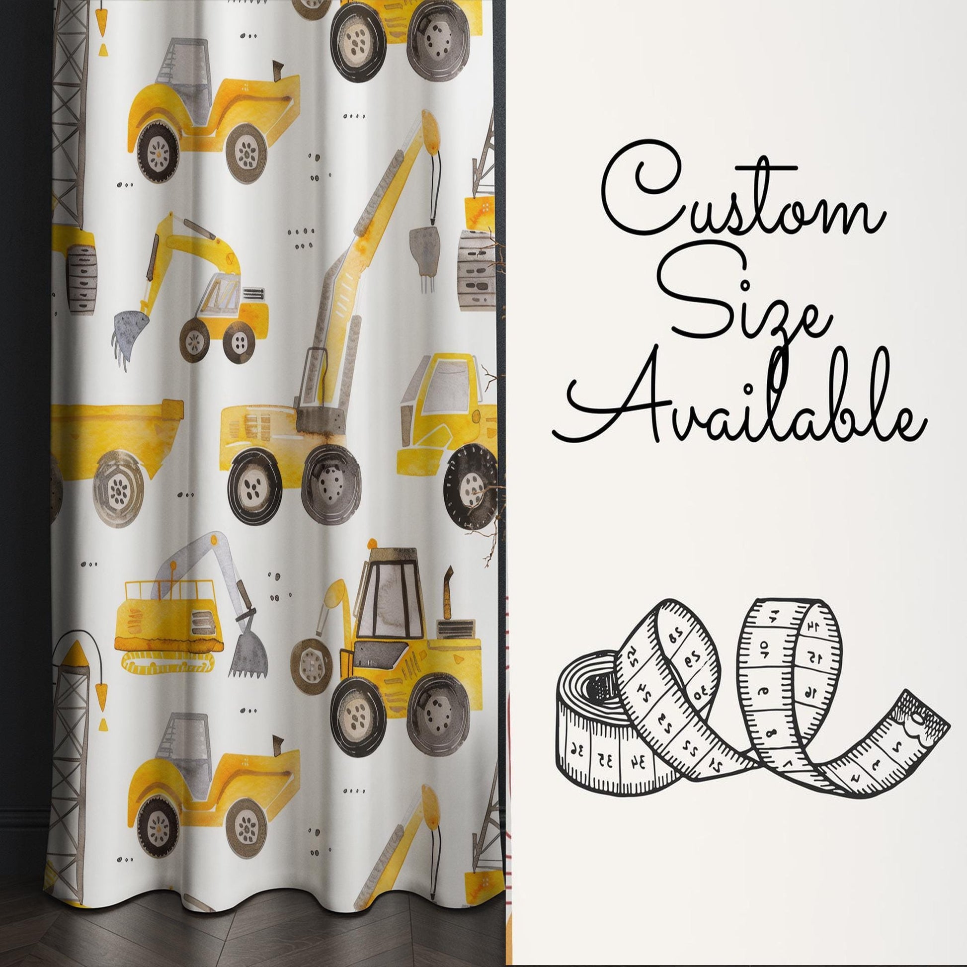 Yellow Construction Equipment Kids Curtains & Nursery Window Drapes, Custom Size, Gift Pillow Covers for Toddler Room Decor