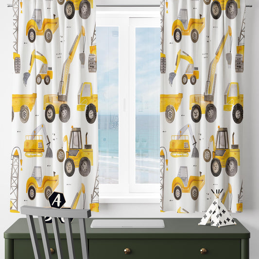 Yellow Construction Equipment Kids Curtains & Nursery Window Drapes, Custom Size, Gift Pillow Covers for Toddler Room Decor