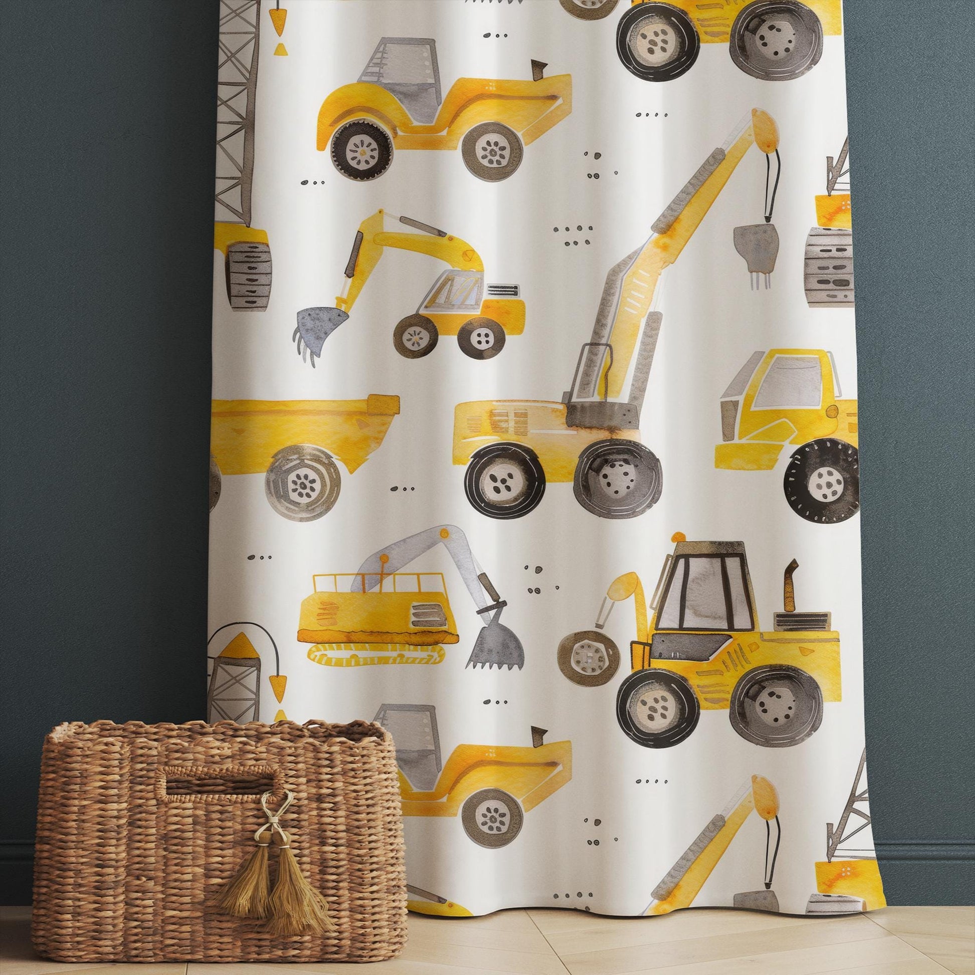 Yellow Construction Equipment Kids Curtains & Nursery Window Drapes, Custom Size, Gift Pillow Covers for Toddler Room Decor