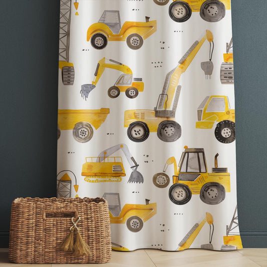 Yellow Construction Equipment Kids Curtains & Nursery Window Drapes, Custom Size, Gift Pillow Covers for Toddler Room Decor