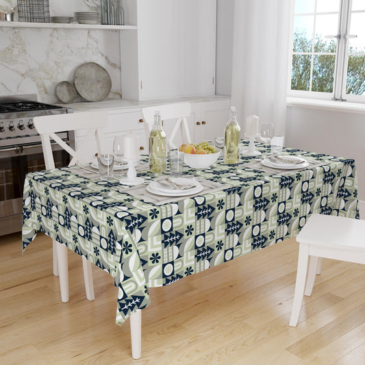 Navy Blue Green Trees Floral Retro Authentic Bohemian Minimal Geometric Pattern Linen Tablecloth Modern Dining Accent Cover