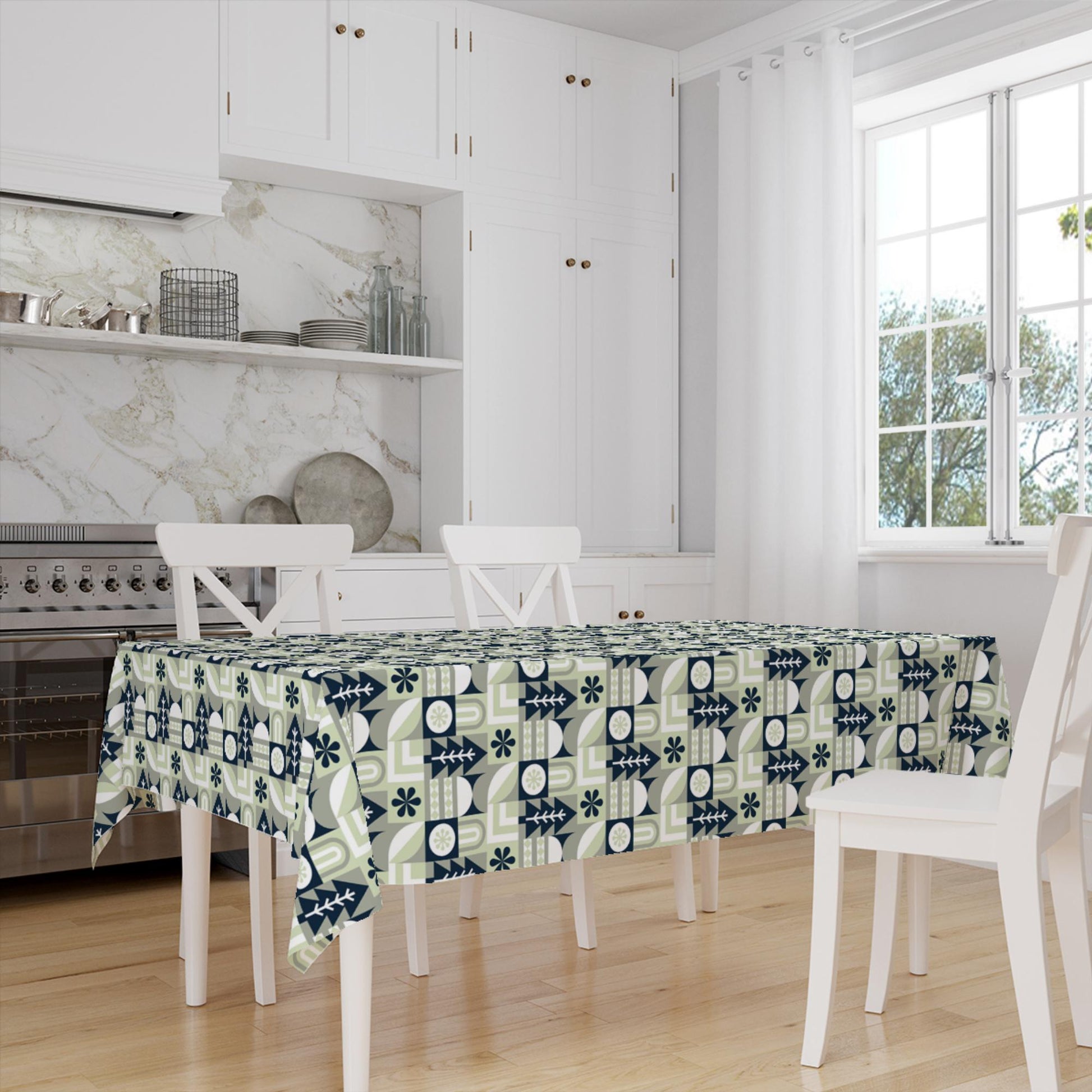 Navy Blue Green Trees Floral Retro Authentic Bohemian Minimal Geometric Pattern Linen Tablecloth Modern Dining Accent Cover