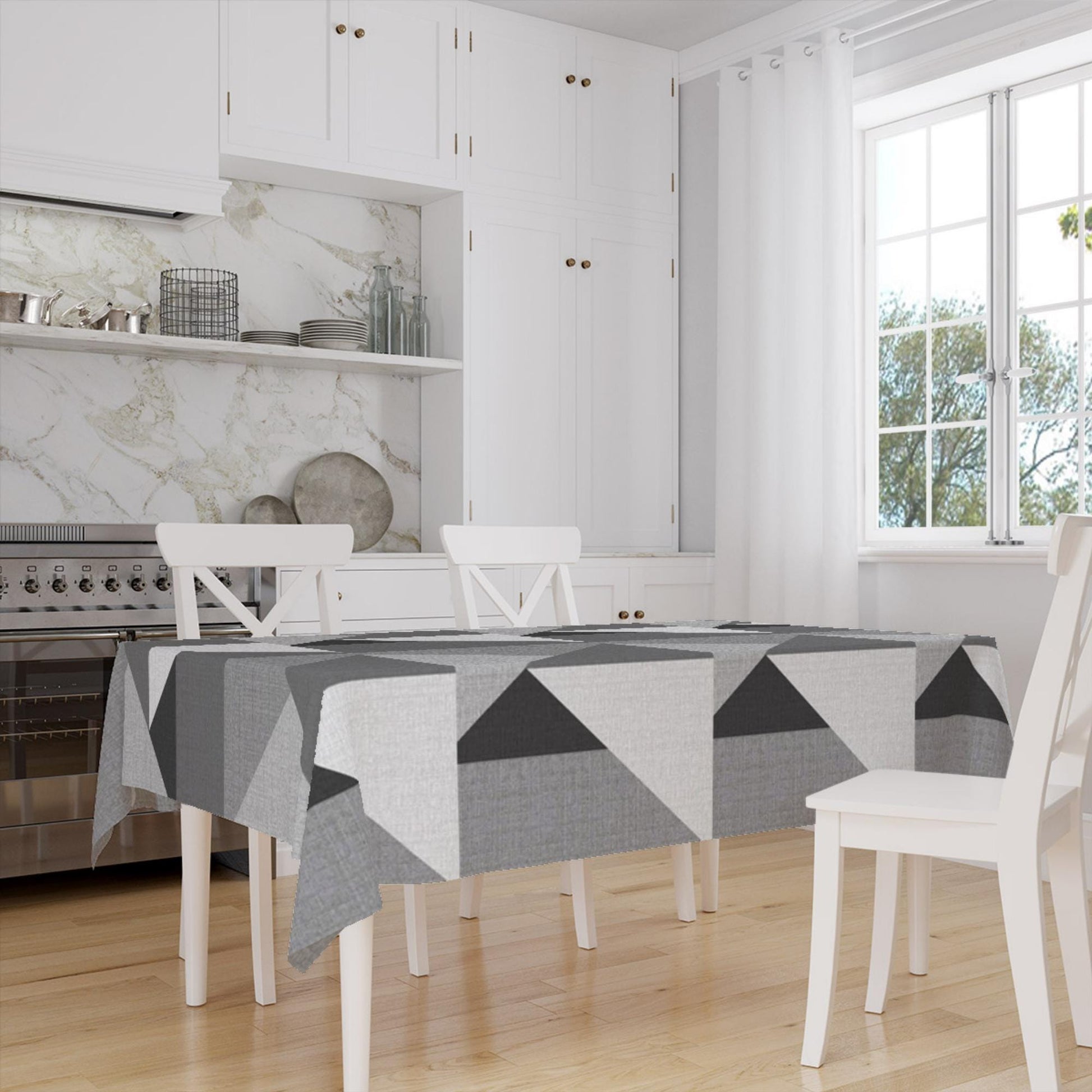 Gray White Scandinav Geometric Triangle Background Pattern Tablecloth, Modern Nordic Dining Accent Cover