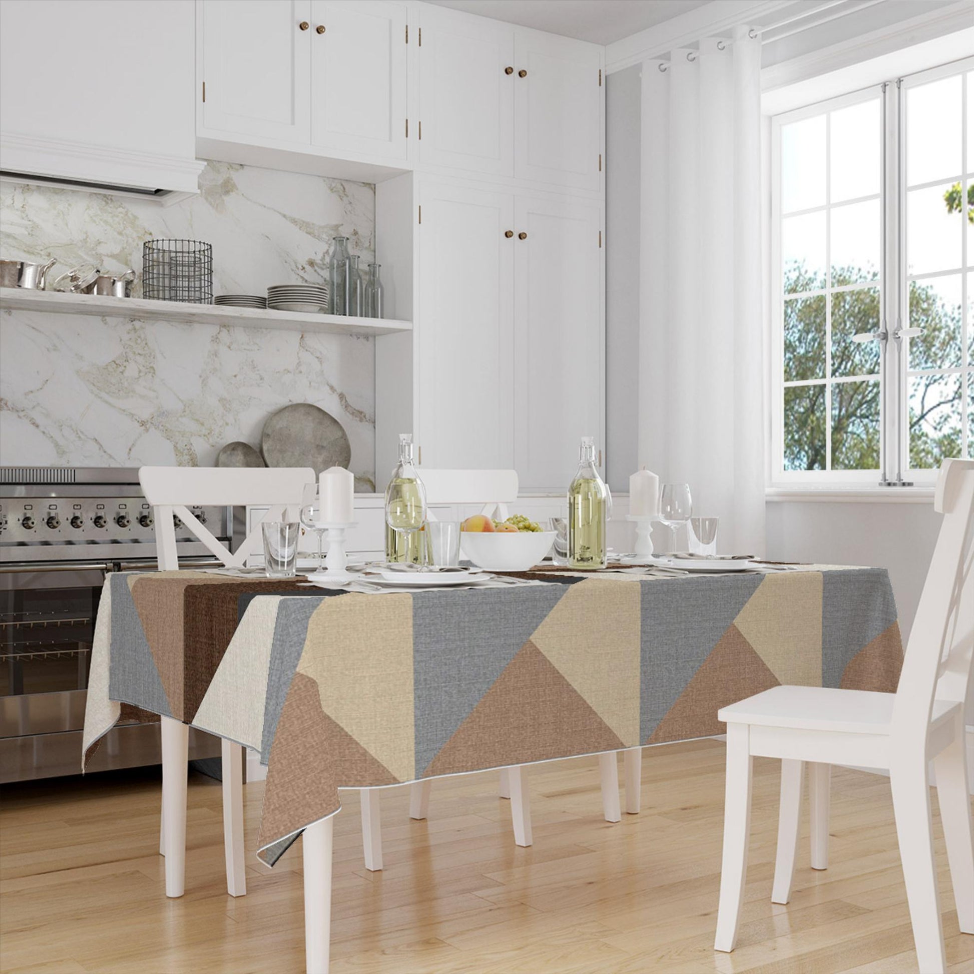 Brown Gray Yellow  Scandinav Geometric Triangle Background Pattern Tablecloth, Modern Nordic Dining Accent Cover