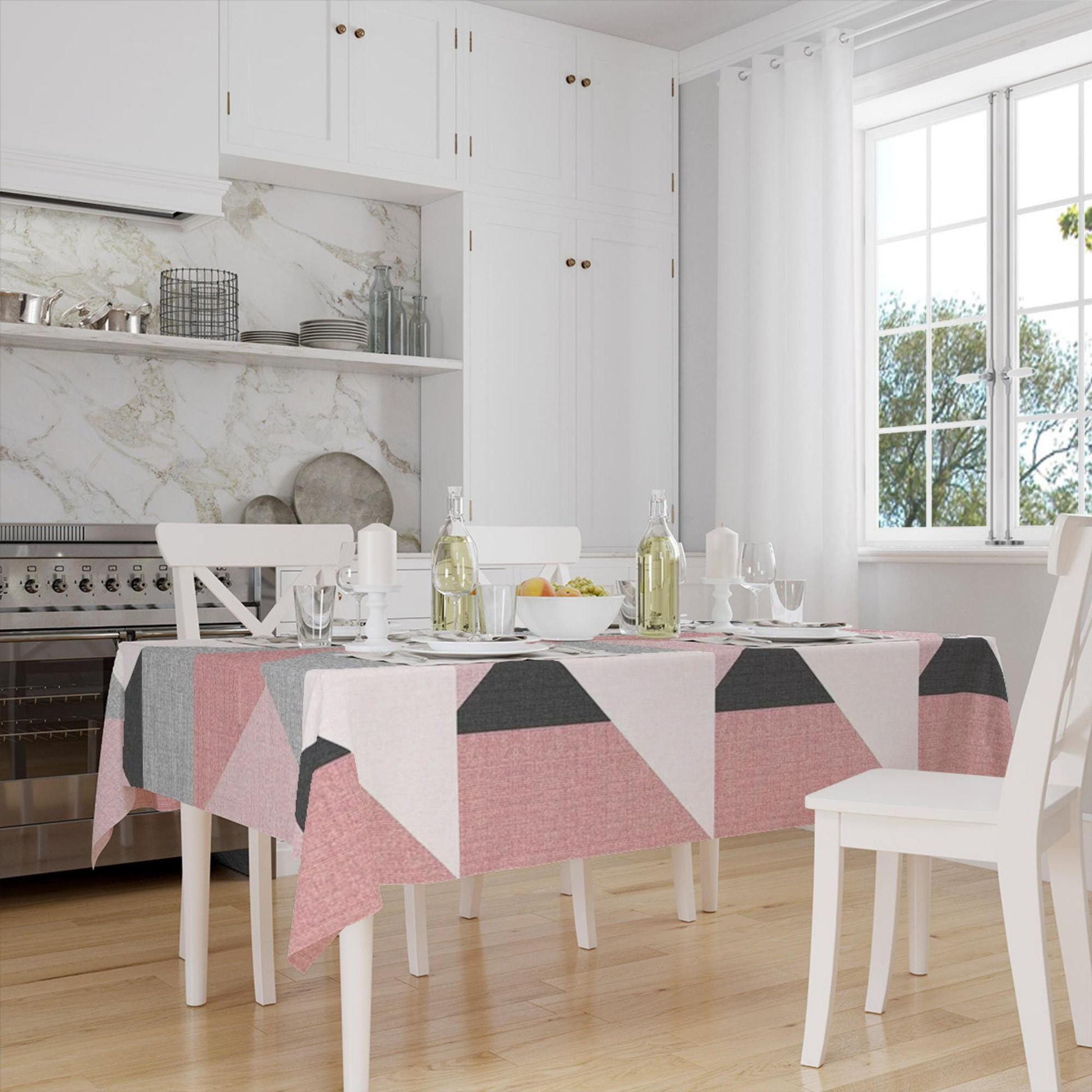 Pink Gray Black Scandinav Geometric Triangle Background Pattern Tablecloth, Modern Nordic Dining Accent Cover