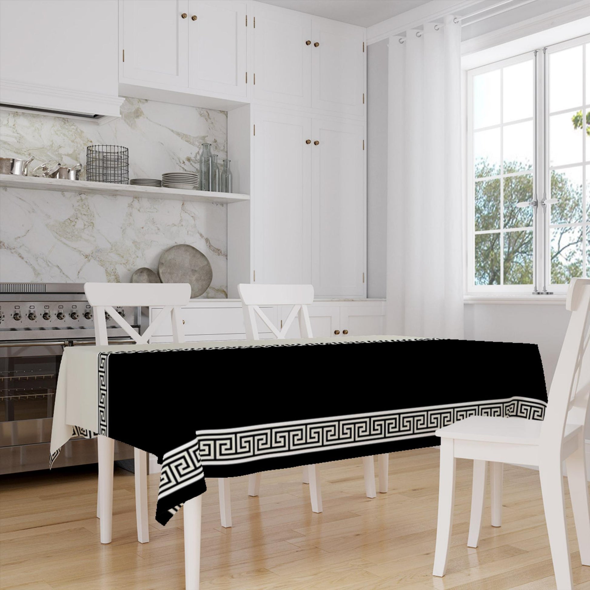 Black White Greek Key Geometric Lines Pattern Tablecloth, Modern Dining Accent Cover